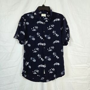 7Diamonds Men's Navy‎ White Tiger Asian Print Short Sleeve Collared Shirt Medium